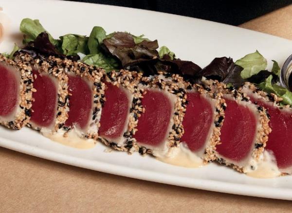 bo<em></em>nefish grill ahi tuna sashimi on a plate with garnish