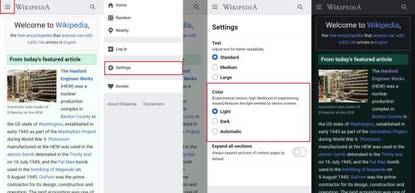 The dark mode, which is currently o<em></em>nly available on mobile devices, can be enabled via the settings menu. — Screenshots of Wikipedia